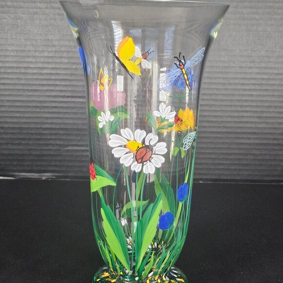 Royal Danube Hand Painted Art Glass Hand Blown Crystal Floral & Butterfly Vase - Picture 1 of 10